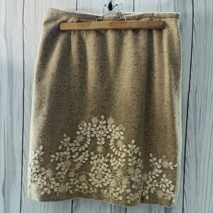 Vintage Embroidered Delicate Tan and White Leaf Midi Pencil Skirt Size 12